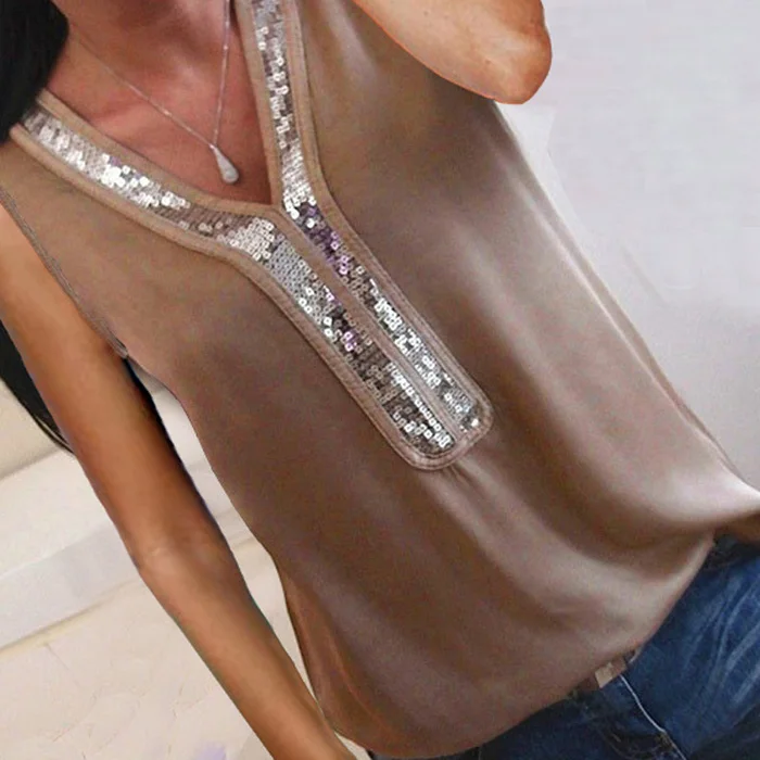 Khaki Sleeveless Женская шифоновая блуза с v-образным вырезом и пайетками, S-5XL, новинка, летняя Офисная Женская блузка с коротким рукавом, топы размера плюс, женская блуза - Цвет: Khaki Sleeveless