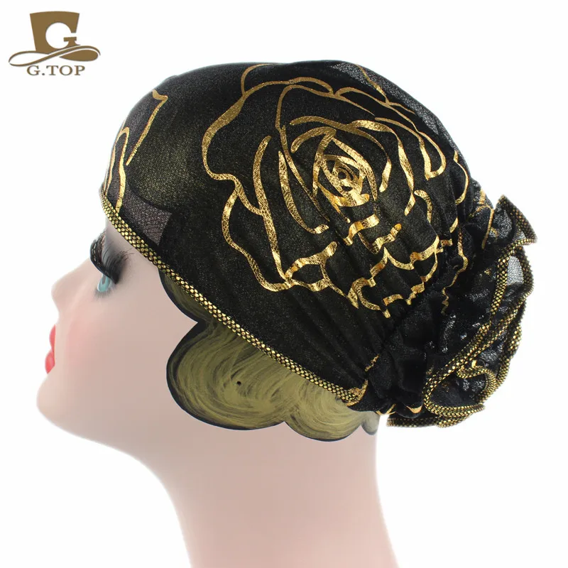Черный кружевной тюрбан с цветком для женщин головной убор мусульманская
