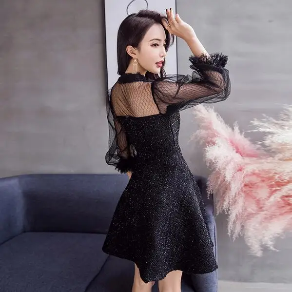 2019 new arrival autumn and winter luxury runway Splicing mesh Tweed Dress Lantern Sleeve Chic vestidos DC847 | Женская одежда