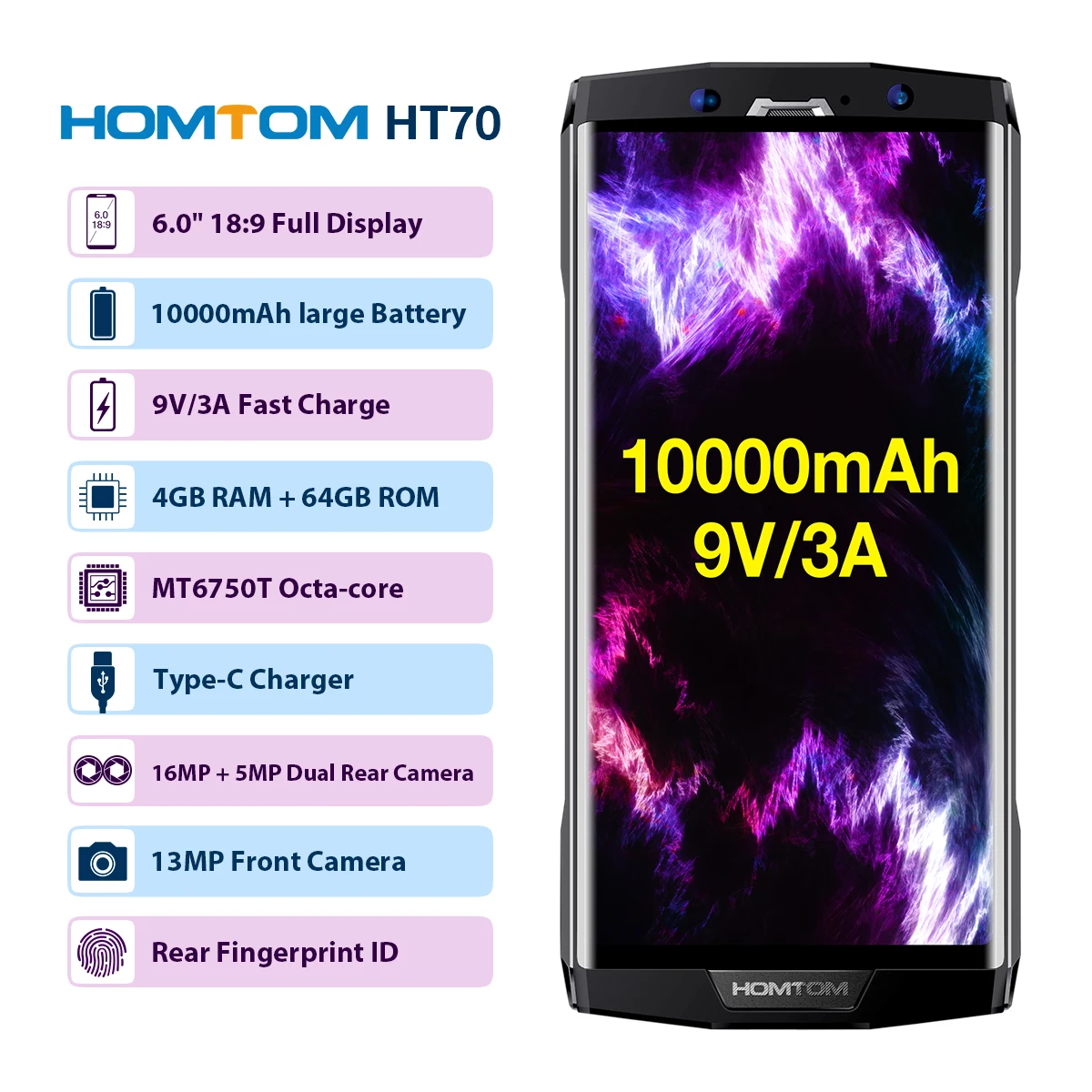 HOMTOM HT70 10000 мАч 6 0 "HD + 18: 9 Полный Экран Android 7 мобильный телефон Восьмиядерный MTK6750T