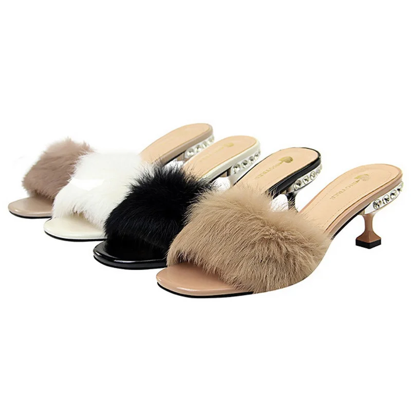 Тапочки на кроличьем меху Женские классические сандалии низком каблуке