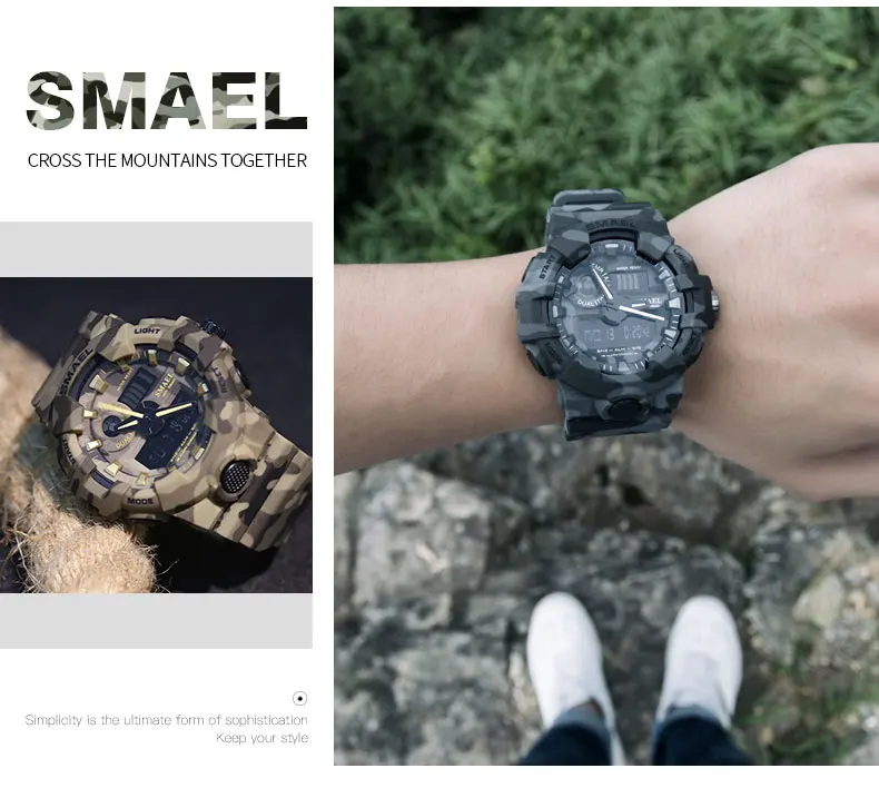 Новые камуфляжные часы с ремешком SMAEL Мужские Цифровые часы с большим циферблатом модные камуфляжные военные часы 8001 мужские армейские часы водонепроницаемые часы
