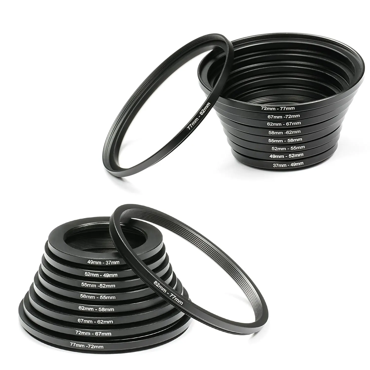 

18pcs Camera Lens Filter Metal Stepping Rings kit (Includes 9pcs Step Up Ring Set + 9pcs Step Down Ring Set) Black