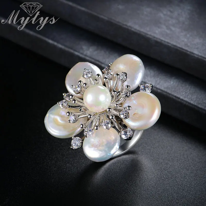 Женское кольцо с жемчужинами Mytys из натурального пресноводного жемчуга цветком
