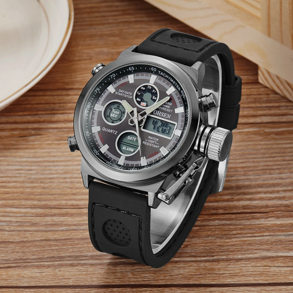 

Fashion Brand OHSEN Men Digital Watch Dual Time Display 30m Swim Rubber Strap Men Quartz Military Sports Wristwatch Hombre Clock