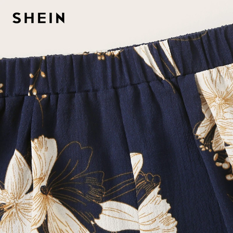 SHEIN/детский комплект одежды для девочек: топ с открытыми плечами и шорты с цветочным принтом в морском стиле, лето, Детский комплект с короткими рукавами для отдыха