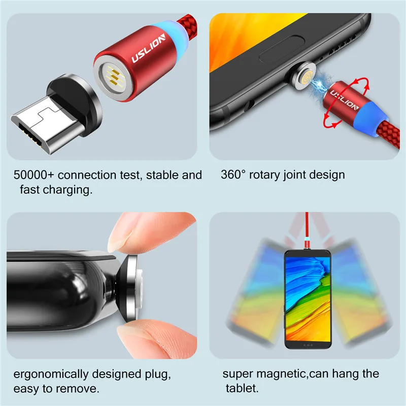 USLION Micro USB Магнитный кабель type-C Магнитный кабель для зарядки телефона 1 м 3 А Быстрая зарядка Android type C провод для huawei P30 samsung