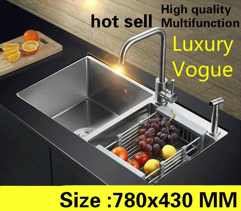 

Free shipping Home luxury multifunction small kitchen manual sink double groove wash vegetables 304 stainless steel 78x43 CM