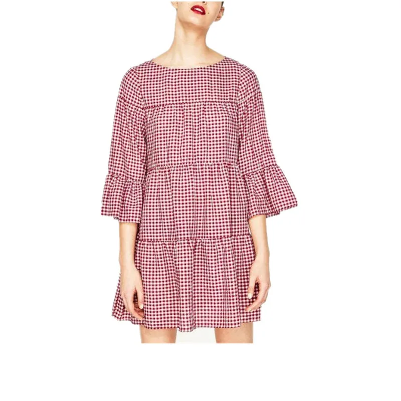 OLIGITUM 2019 Fashion Fold Plaid Oversized Women Dress Summer Flare Sleeve Loose Casual Sweet dresses two colors | Женская одежда