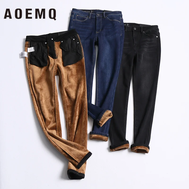 AOEMQ Joker Body Inside Plus Velvet Fine Plush Warm Thick Cotton Stretch Thin High Waist Tight Denim Pants Woman |