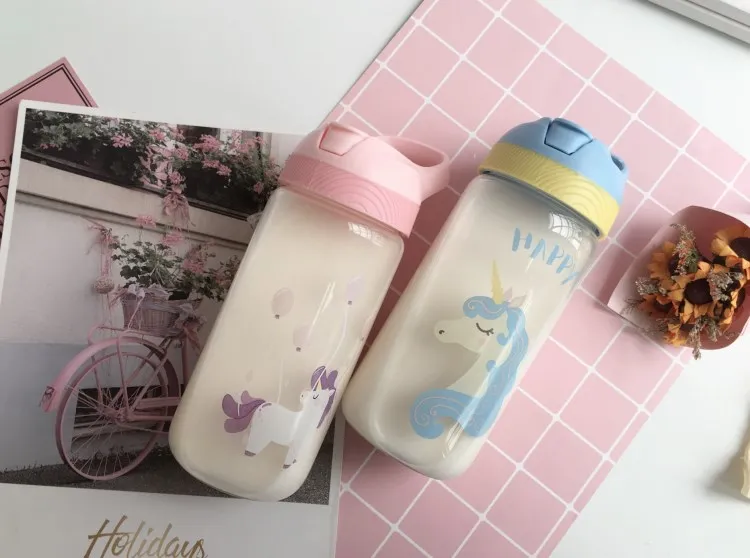 Стеклянная бутылка для воды в виде единорога с соломинкой и ручкой для переноски, герметичная крышка для девочек, для путешествий, для чая, без бисфенола, розовый, 500 мл