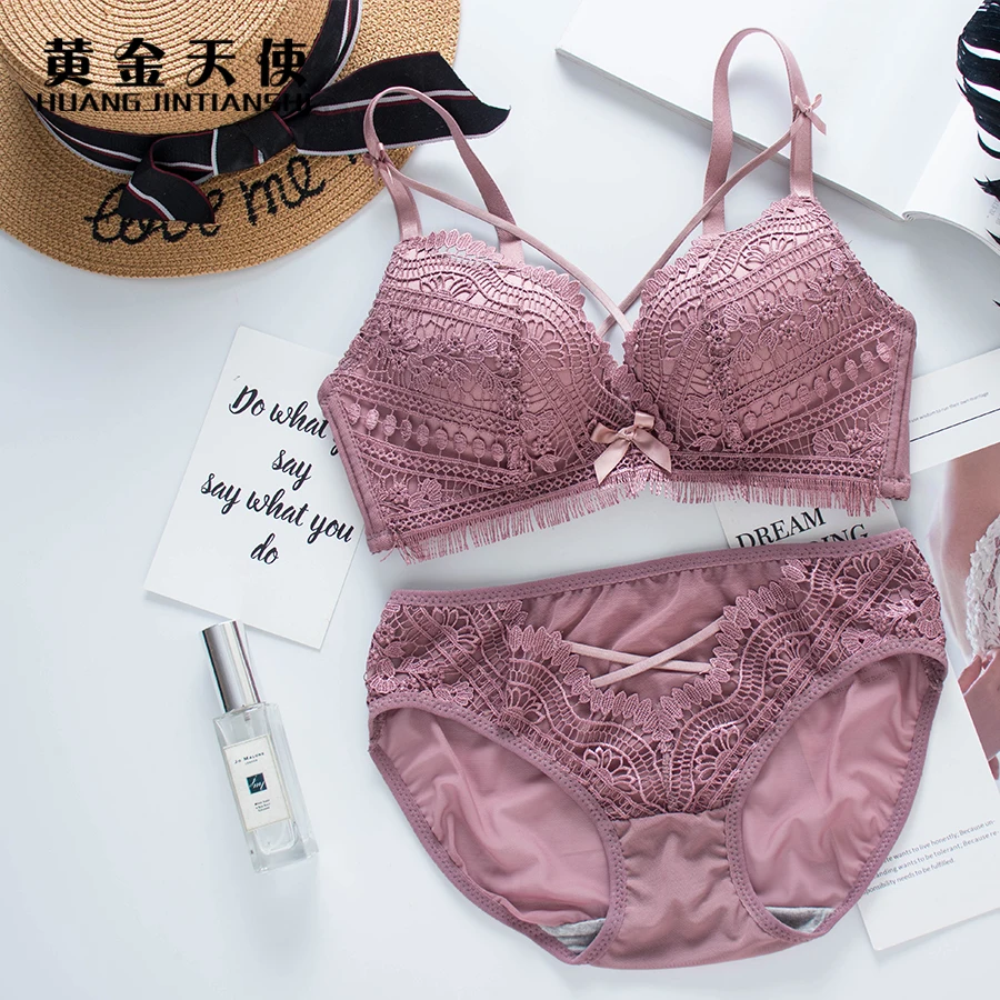 New Women's Comfort Push-Up Deep V Bra Set Solid Color Brassiere + Sexy Panties Brief Lace Lingerie Underwear | Женская одежда