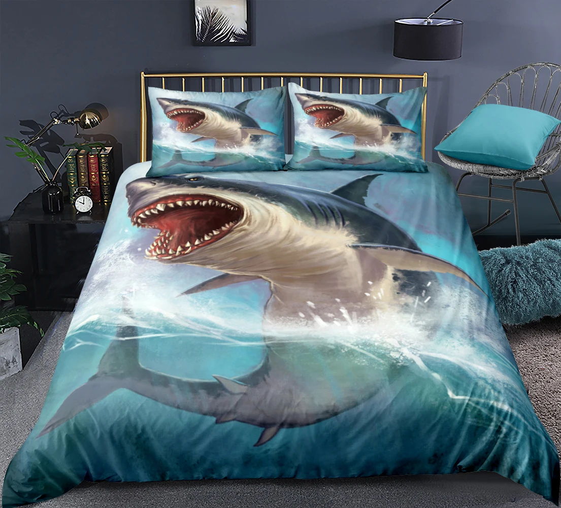 3D Shark Boy Bedding Set Ocean Animal duvet cover set Queen Ocean Fish Bed Set Blue Shark Bed Line King Home Textiles