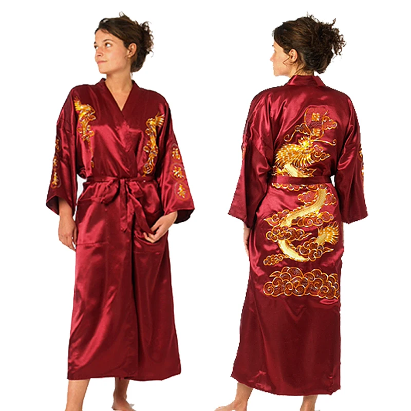 Банный халат Для женщин Китайский Стиль Атласный вышивка дракон Gown Robe женские