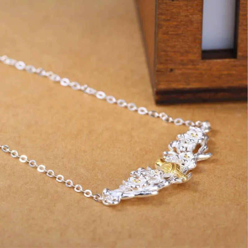 

New Exquisite Animal Fashion 925 Sterling Silver Jewelry Plum Flower Cute Bird Branch Clavicle Chain Pendant Necklaces N174
