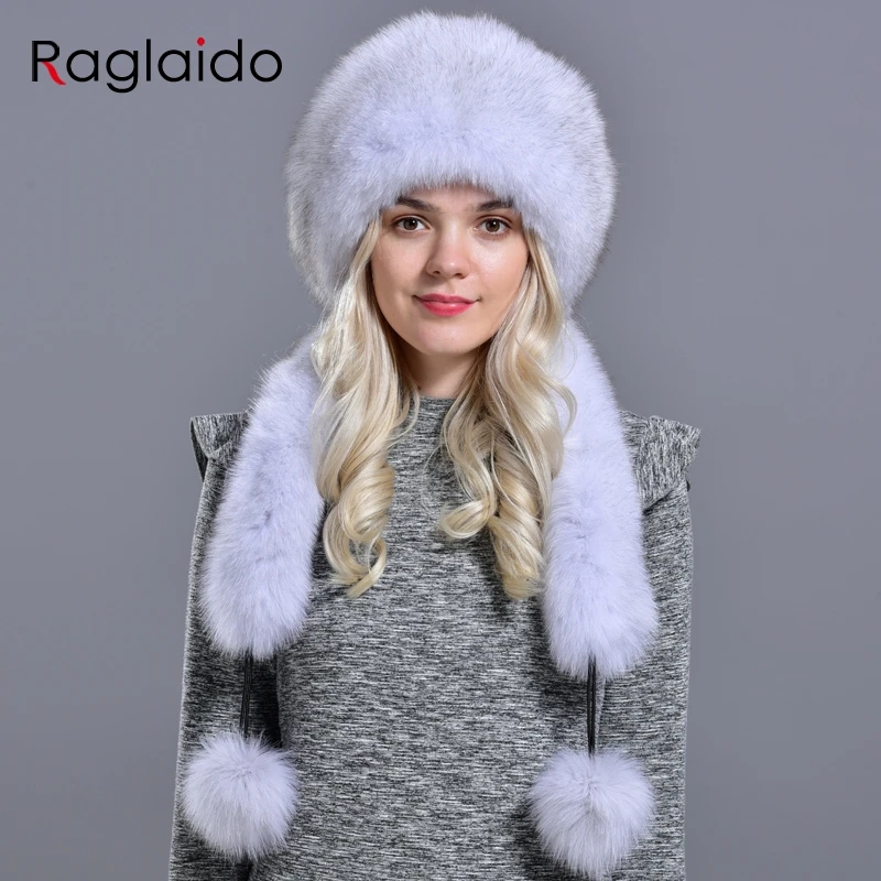 

Bomber fur hat with tail Winter women natural fox rabbit fur warm thick diamond fashionable stylish girls Mongolian hat