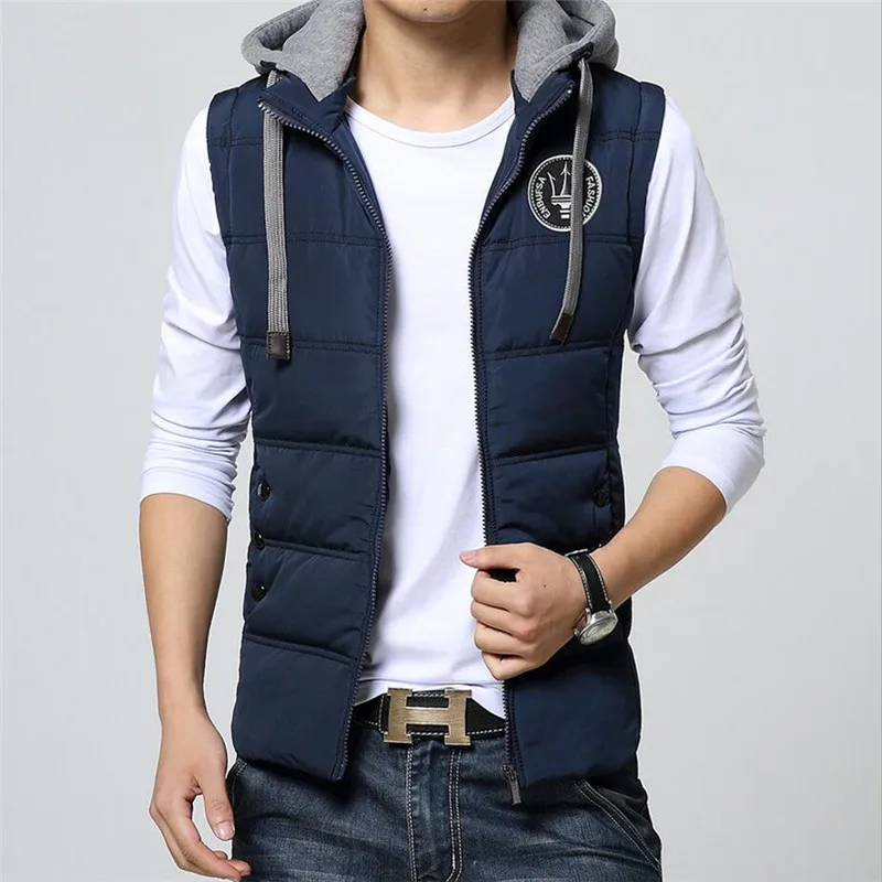 

New Male Cotton-Padded Waistcoat Jackets Vest Men Winter Sleeveless Jackets Casual Solid Thick Warm Vests Men Hooded Coats