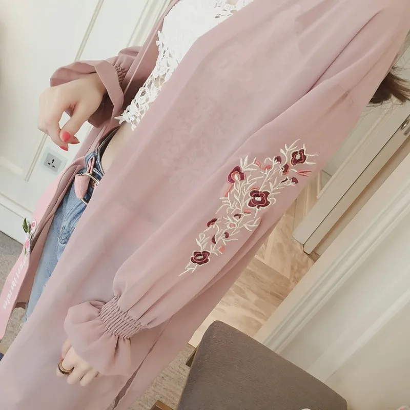 

Fashion Summer Long Style Blouse Shirts Floral Embroidery Women Chiffon Blouse Casual Long Sleeve Blouse Tops