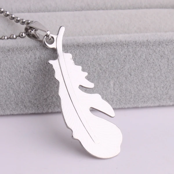 

silver color feather 316L Stainless Steel pendant necklaces bead chain for men women wholesale