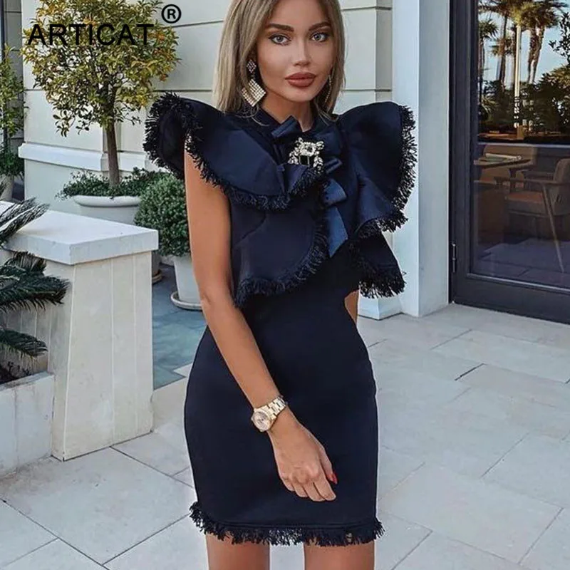 Черный Articat, с оборками, с кисточками, с бахромой, мини, сексуальное, летнее платье,, белое, черное, облегающее, праздничное платье, женское, Enegant, платье для вечеринки, vestidos - Цвет: Черный