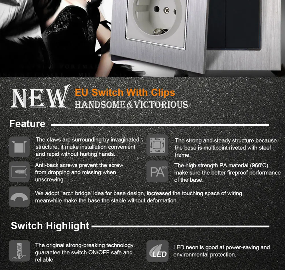 Металлический 16A ЕС розетка с защитой от пыли Кепки Wallpad 86*86 мм 110 V-240 V AC серебристого металла Панель стены Питание 16A штепсельная розетка с когтями