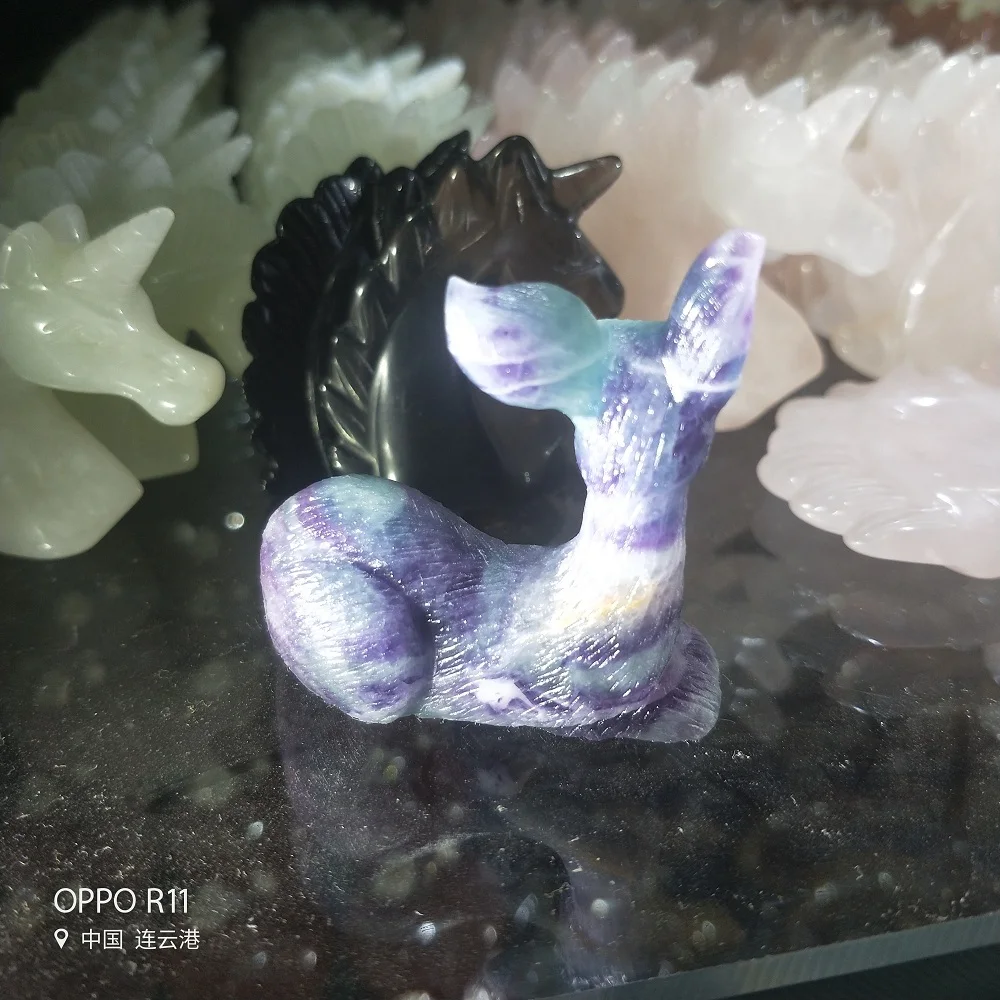 Natural Crystal Stone Fluorita Cristal Deer Cute Animal Cristalino Colorido Ciervos Curacion Regalo Navidad | Дом и сад