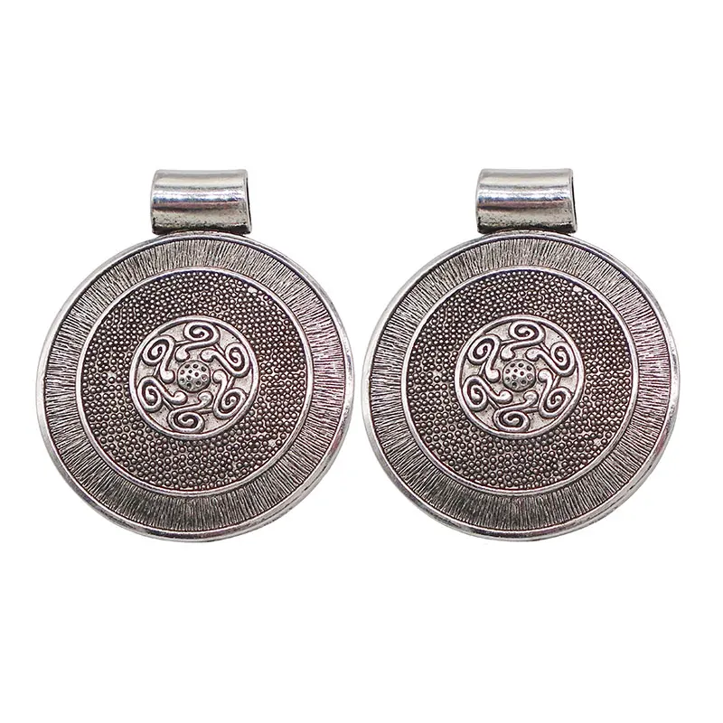 2 x старинное серебро Boho чешские большой круглый медальон Подвески для Цепочки и ожерелья ювелирных изделий Выводы 76x62 мм