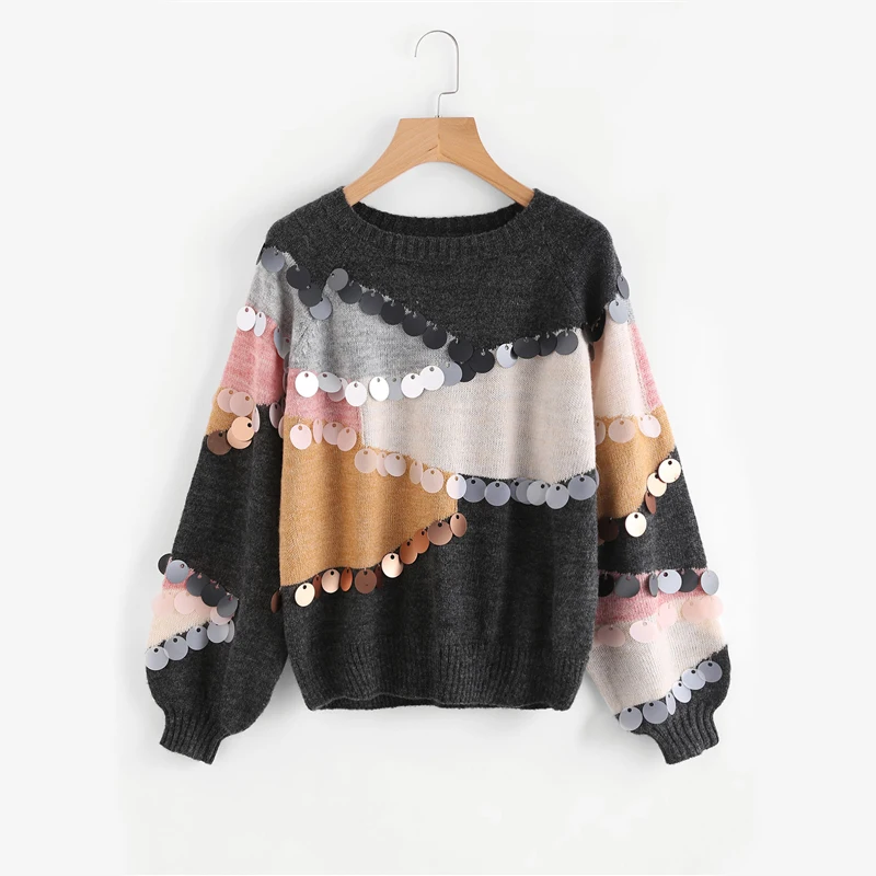Sheinside, украшение из блесток, контрастный топ, свитер, круглый вырез, пэчворк, длинный рукав, свободные пуловеры, осенний Женский Повседневный свитер