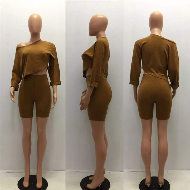 

Autumn Winter Two Piece Sets Women Clothes Loose Batwing Sleeve Knitted Sweater Tops + High Waisted Shorts Set Casual Tracksuit