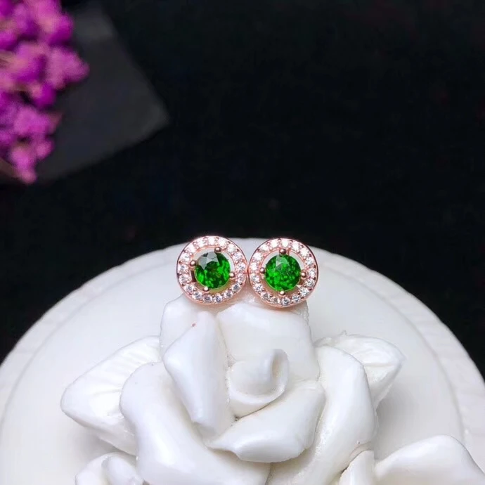 fresh green diopside gemstone earrings 925 silver fine jewelry round natural gem stud color girl ornament gift | Украшения и
