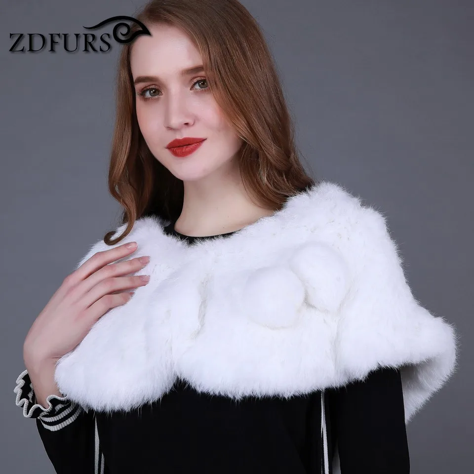 ZDFURS * NEW wedding Handmade real knitted rabbit fur cape ruffle hem Women Genuine  fur shawl Wrap cloak batwing stole