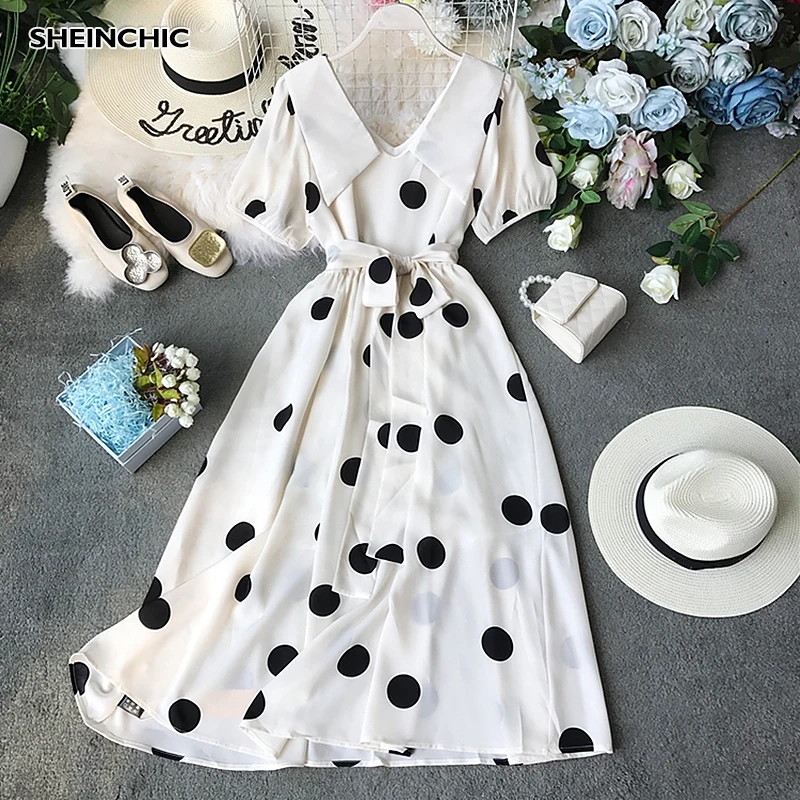 Женское приталенное платье в горошек элегантное черно-белое винтажное миди с