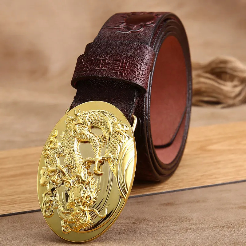 brown gold dragon Новое поступление, натуральная кожа, ручная работа, ремни для мужчин, коровья кожа, дракон, дизайн, ремни, модный мужской ремень, коровья кожа, пряжка дракона - Цвет: brown gold dragon