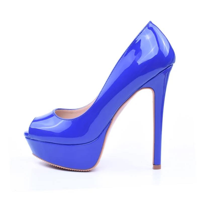 blue GENSHUO/Брендовая обувь на каблуке 14 см женские туфли-лодочки на платформе и высоком каблуке красные кожаные свадебные туфли с открытым носком высокий каблук, большой размер 4243, 44, 45 - Цвет: blue