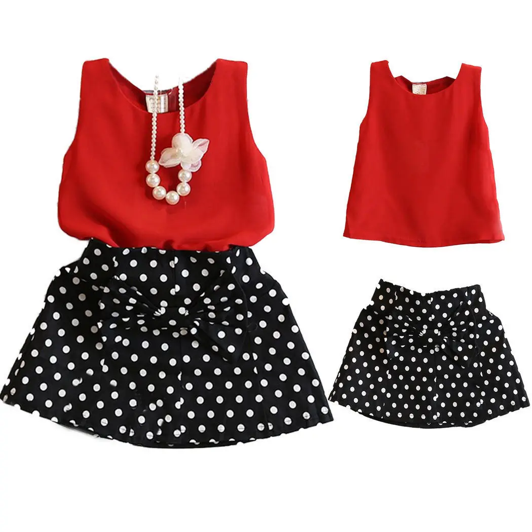 2pcs/set Summer Girls Dress suit children girl clothing Outfits red Chiffon Tops + Dot Skirt kids sets | Детская одежда и обувь