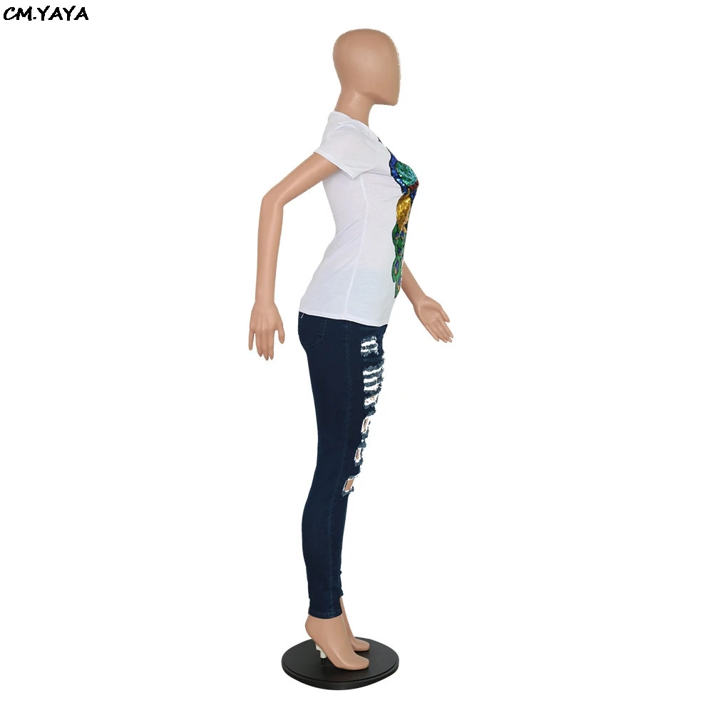 2019 women summer Peacock sequins splicing o-neck short sleeve tee top vintage classic white t-shirt fashion t shirts GLA6204 | Женская