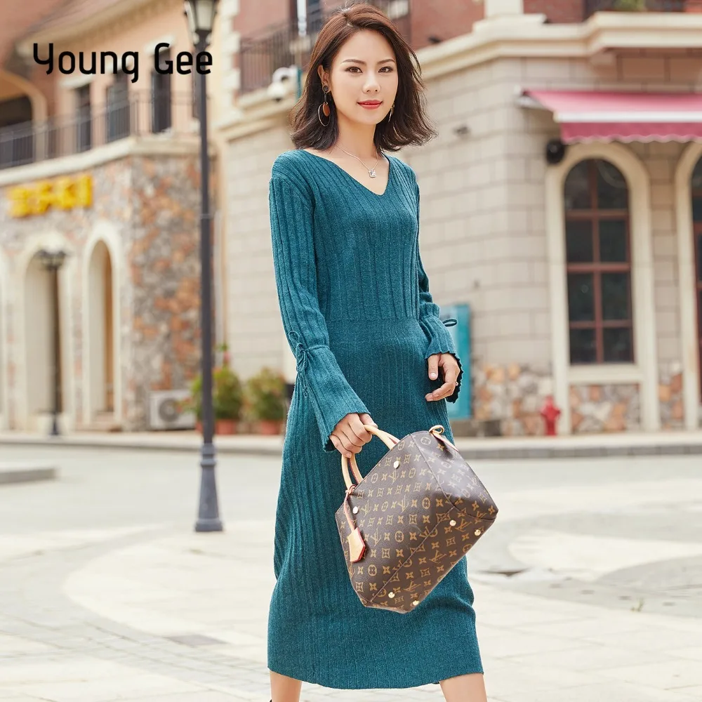 

Young Gee Sexy V-neck Knitting Sweater Dress Women Elegant Long Sleeve Winter Autumn Warm High Street Dresses Oversize vestidos