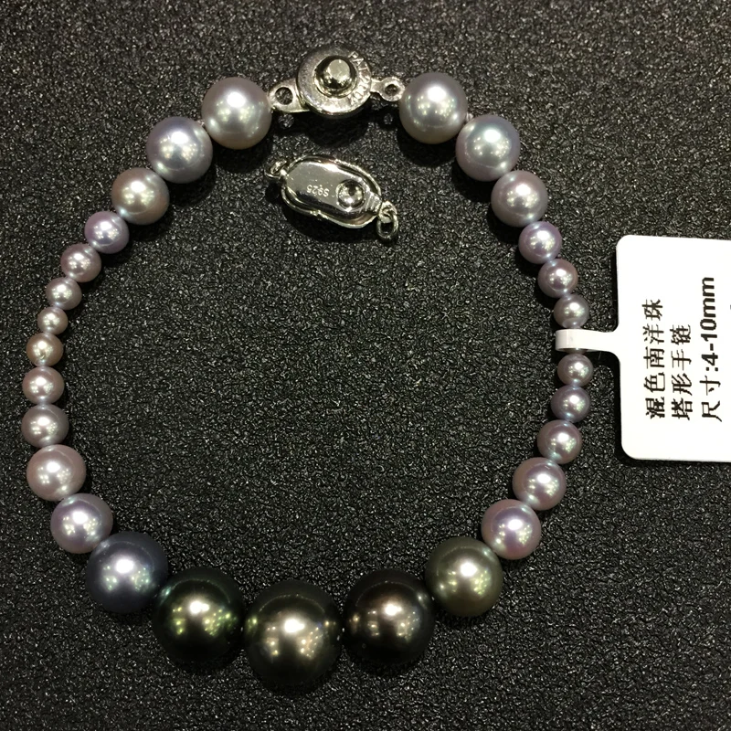 

4-10MM natural tahiti pearl and grey sea water pearl mixed bracelet multicolor genuine jewelry big and small size mixed fine