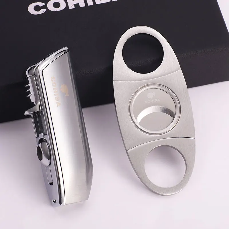 COHIBA острый сигарный Нож металлический ветрозащитный 3 струйный газовый фонарь для сигарет Зажигалка W/Пробивной сигареты набор аксессуаров для курения - Цвет: Silver Lighter Set