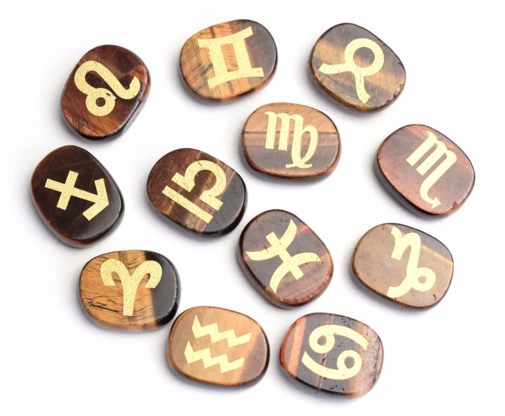 12 шт. натуральные чакры тигровый глаз камень с гравировкой Кристалл Рейки Знаки