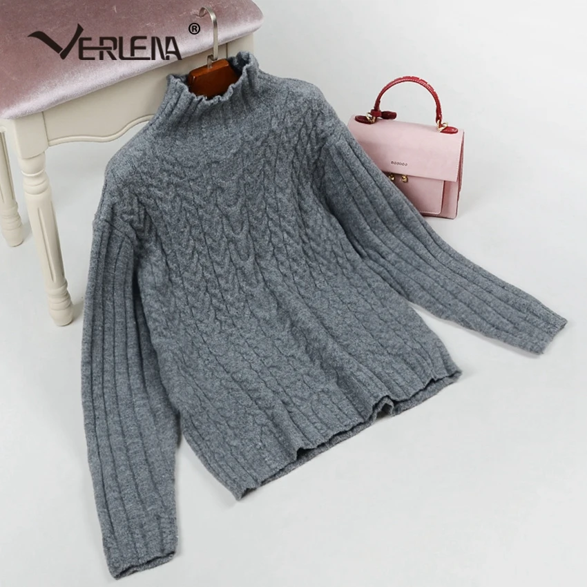Funnel Collar Cable Pattern Solid Vintage Jumper Sweater Women Long Sleeve Turtleneck Streetwear Thick Pullover VERLENA New 2019 | Женская