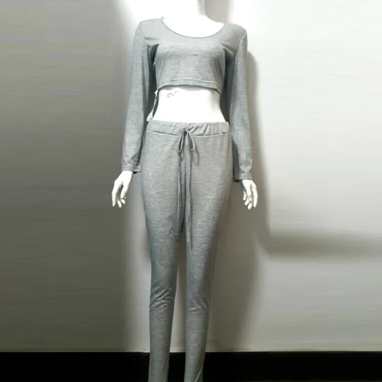 Серые комплекты из двух предметов фитнес с длинным рукавом v-образным вырезом