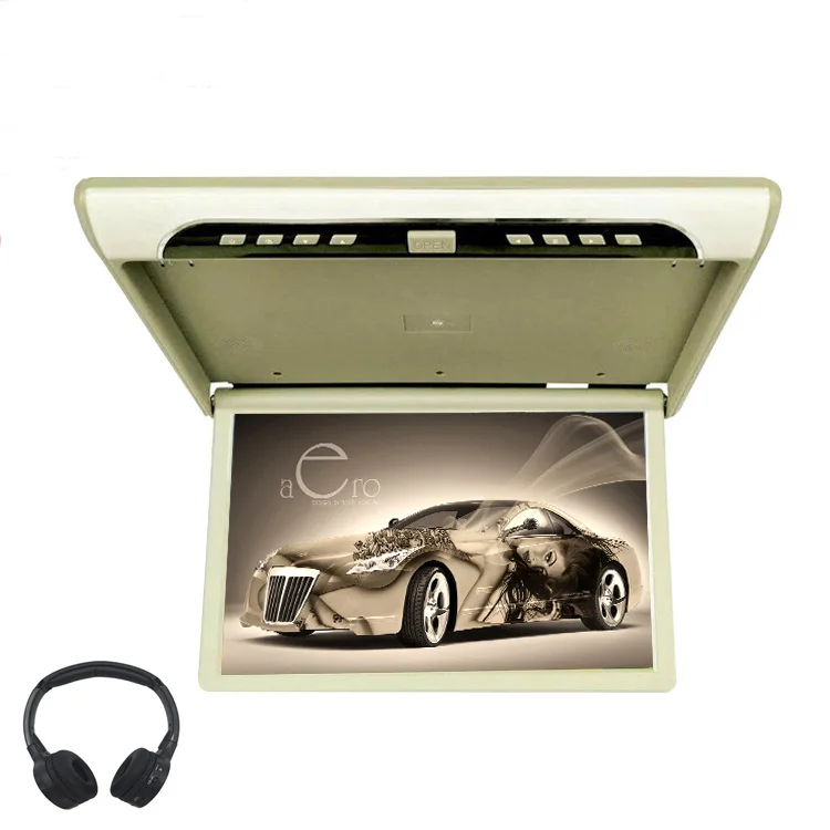 Beige with headphone Автомобильный семейный 19 дюймов HD 1080P видео автомобильный монитор на крыше откидное крепление на потолок MP5 плеер с USB/SD/HDMI/Sperker/IR/FM передатчиком - Цвет: Beige with headphone