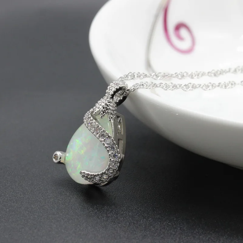 Груша Форма Opal 925 серебряные свадебные комплекты ювелирных изделий синего, белого, розового цвета Цвета для Для женщин серьги Цепочки и ожерелья Кулон Кольцо