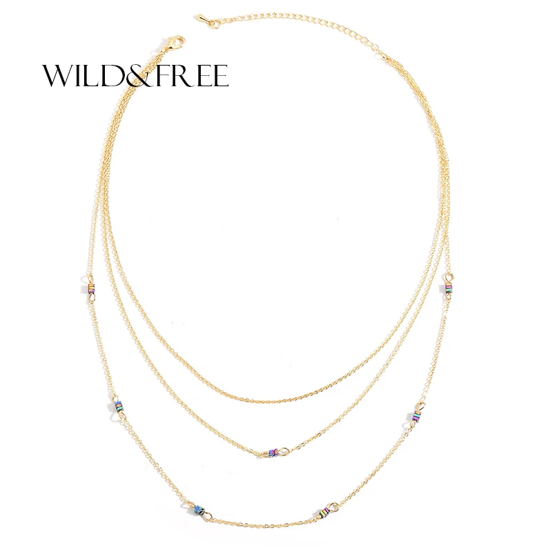 WILD& FREE дизайн 3 чокер, несколько слоев ожерелье для женщин золотой цвет Цепи разноцветные каменные бусины осень и зима свитер ожерелье