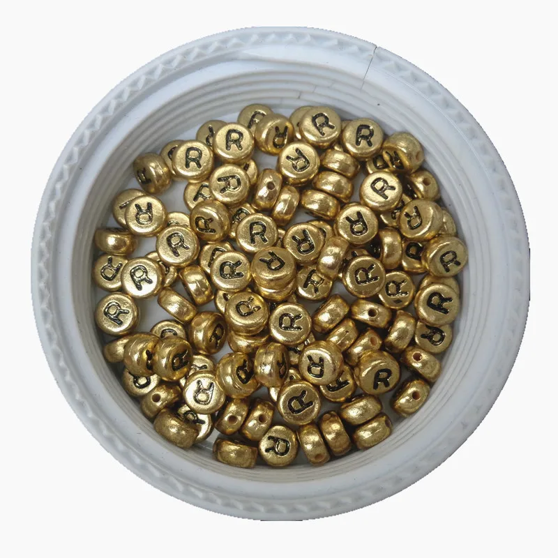 

Factory Price Golden Color Single Letter R Printing Acrylic Alphabet Beads,3600PCS 4*7MM Flat Round Coin Space Beads
