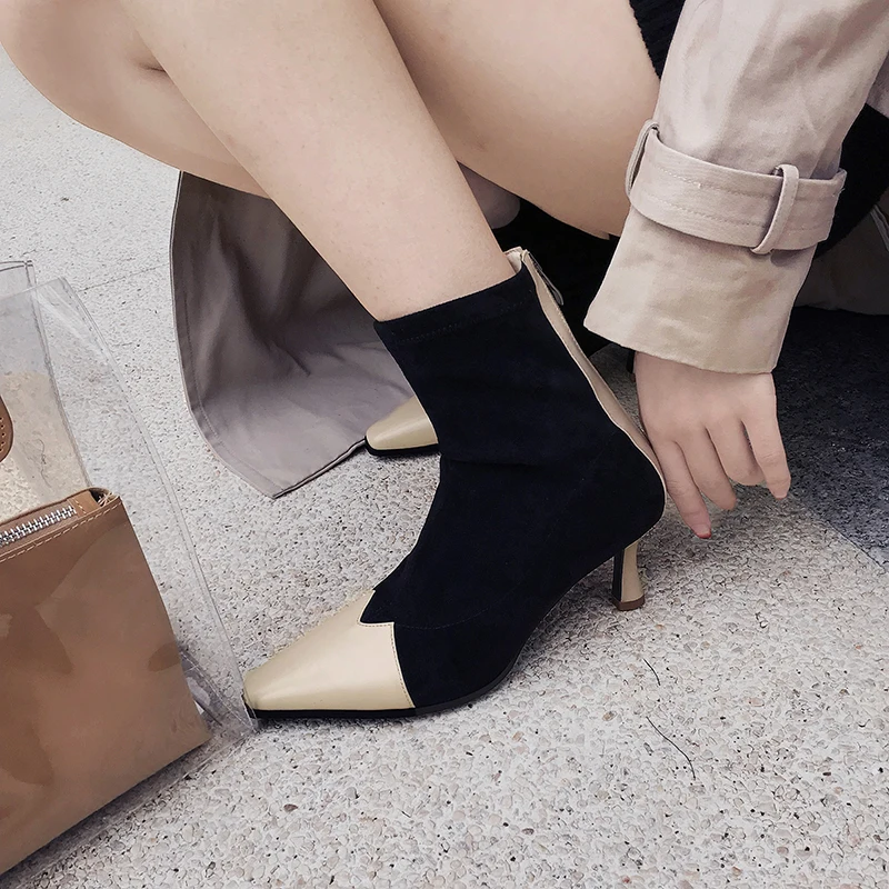 

ISNOM Winter High Heels Ankle Boots Women Square Toe Leather Stretch Bootie Suede Boot Fashion occident Zipper Female Shoe 2018