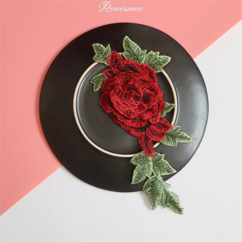 4 шт. полиэстер Кружевная аппликация красный цветок нашивки вышивка кружевная