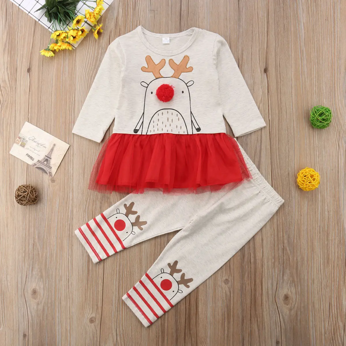 Рождественский комплект для маленьких девочек с милым принтом лося сетчатый топ