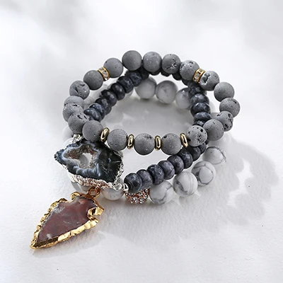 Bojiu серый Druzy черный белый шарик с коричневой головой стрелы камень кулон 3 шт./набор известный супер женщина браслет стек BCSET26 - Окраска металла: GREY WHITE